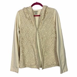 Lucky Brand Boho Eyelet Lace Cream Hooded Cardigan